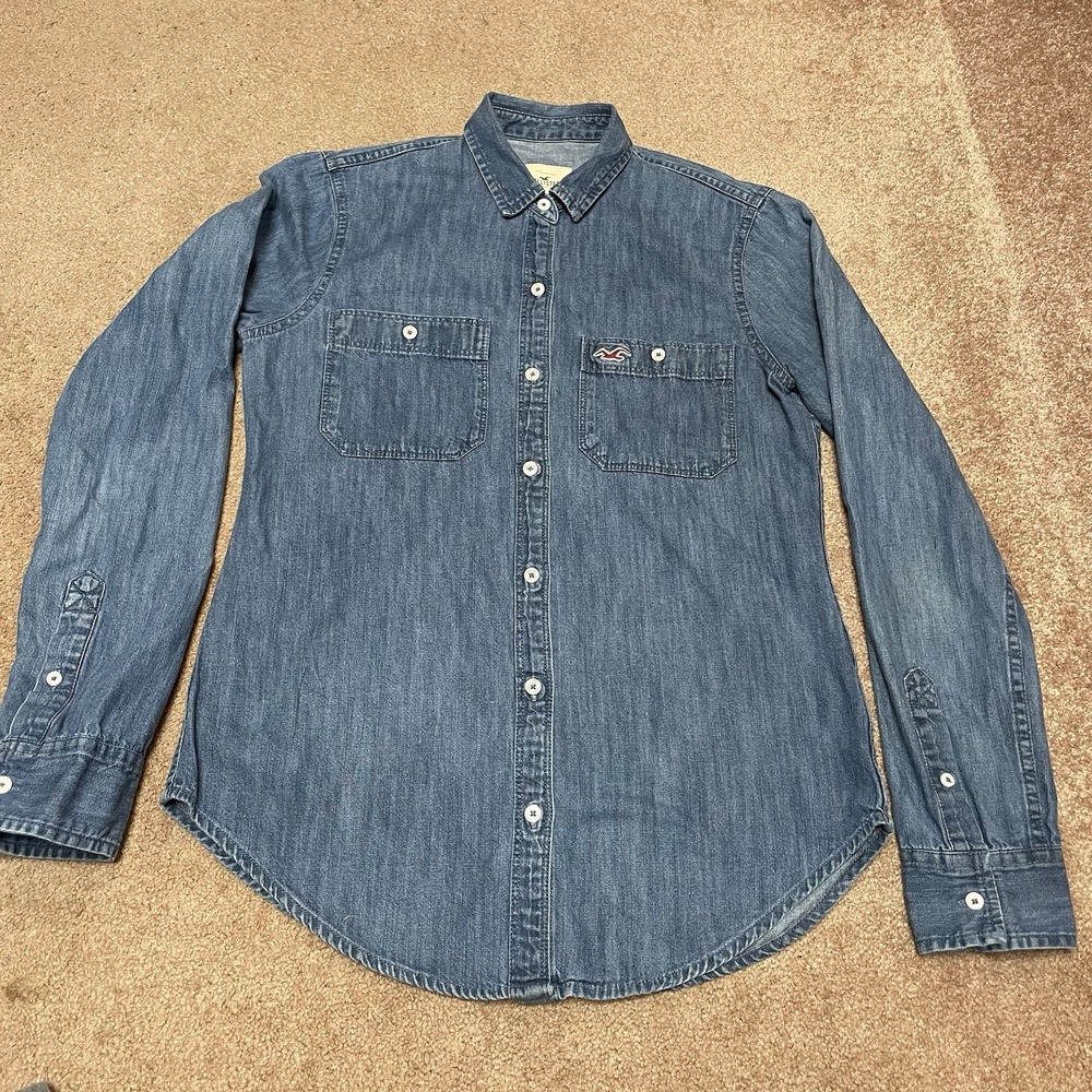 Hollister Womens Denim Button Shirt XS Blue Long Sleeve Embroidered LOGO Preppy